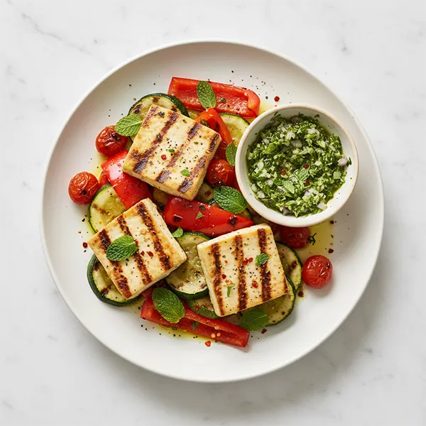 Spicy Laban marinated tofu with grilled veggies and mint relish